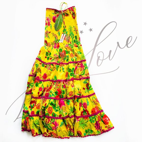 FARM RIO Delicate Fruit Garden Yellow Smocked Maxi Dress NWT - Picture 4 of 11